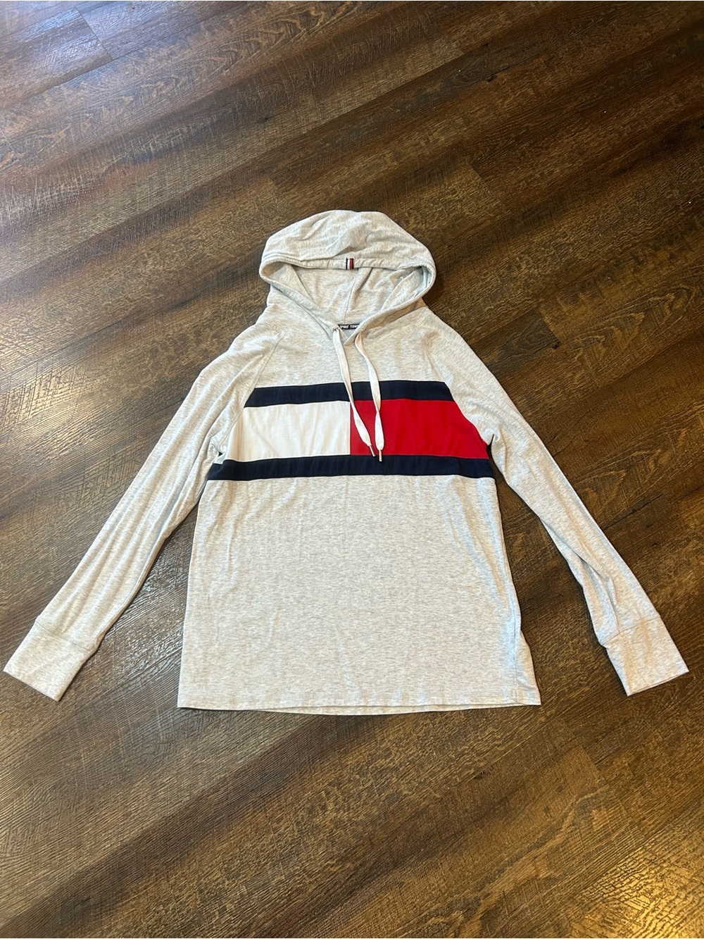 Tommy Hilfiger Light Gray Hoodie with Navy and Red Chest Stripes M